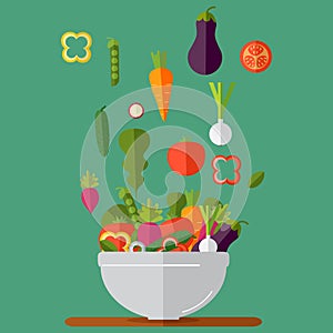 Cooking salad with fresh vegetables. Flat style. Vector