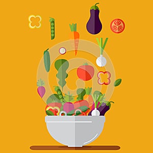 Cooking salad with fresh vegetables. Flat style. Vector