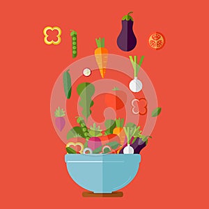 Cooking salad with fresh vegetables. Flat style. Vector illustration.