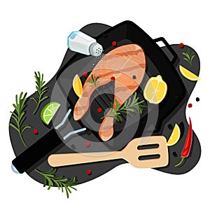 Cooking salmon steak, vector flat cartoon top view illustration. Grill pan with fried sea fish, spices, ingredients