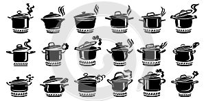 Cooking saucepan steam icon set, simple style