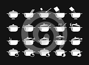Cooking saucepans in the kitchen simple white icons set. 20 vector symbols on a black background. Steam pots, gas, timer