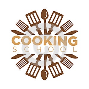 Cooking school class vector icon template of cook kitchen chef utensils photo
