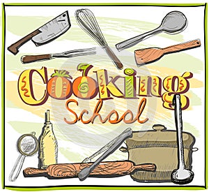 Cooking school graphic with utensils.