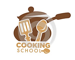 Cooking school promotional emblem with saucepan and cutlery