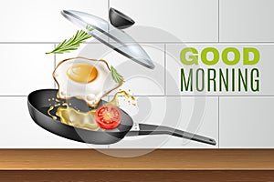 Cooking scrambled eggs. Frying pan with lid. Splashes of oil and tomato, flying morning food. Healthy breakfast