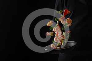 Cooking seafood, shrimp with vegetables, for vegetarians, restaurant business, recipe book, gastronomy and cooking, Banner