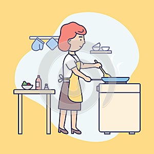 Cooking Show Concept. Young Girl Is Cooking Food At The Kitchen. Female Character Is Frying Food In The Pan. Housewife