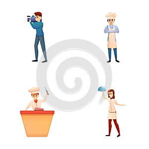 Cooking show icons set cartoon vector. Television crew record culinary tv show