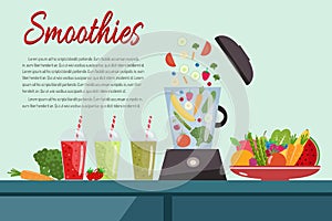 Cooking smoothies. Plate full of vegetables and fruits. Blender