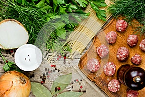 Cooking soup with meatballs or spaghetti with meatballs ingredients