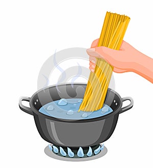 Cooking spaghetti. Hand put spaghetti on boiling water pan symbol for pasta cook instruction illustration in cartoon vector isolat