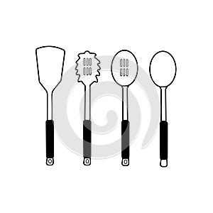 Cooking Spatulas and Spoons Vector Set - Solid Turner, Spaghetti Server, Slotted Spoon, Solid Spoon