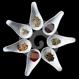 Cooking spices displayed in tasting spoons