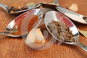 Cooking spices. Food seasoning. Spices in a teaspoons.