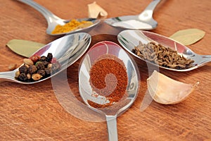 Cooking spices. Food seasoning. Spices in a teaspoons.