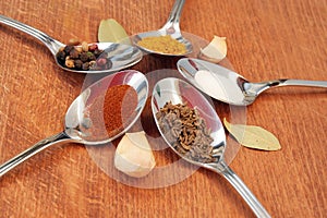 Cooking spices. Food seasoning. Spices in a teaspoons.