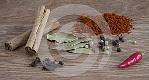 Cooking spices and ingredients on wood