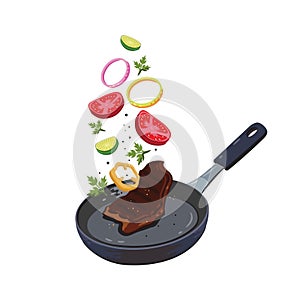 cooking steak on frying pan. Vector illustration decorative design