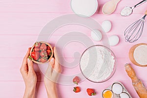 Cooking strawberry pie process, flat lay