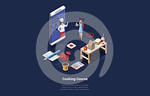 Cooking Study Courses Vector Illustration In Cartoon 3D Style On Dark Background. Conceptual Isometric Design With