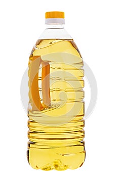Cooking sunflower oil bottle isolated on white background. Plastic bottle with vegetable organic oil