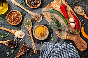 Cooking table with spices and herbs