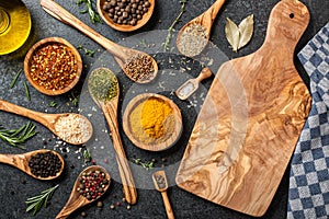 Cooking table with spices and herbs