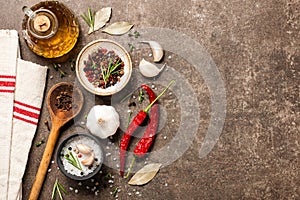 Cooking table with spices and herbs