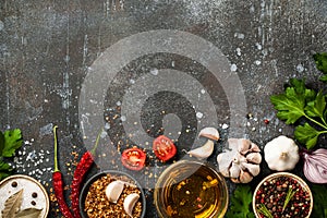 Cooking table with spices and herbs