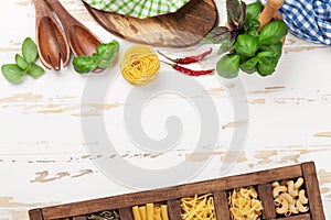 Cooking table with utensils and ingredients