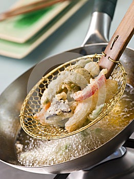 Cooking Tempura Of Vegetables in a Wok