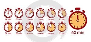 Cooking time, set of time counter icons from 5 minutes to 1 hour. Stopwatch Timer Clock Vector Illustration Isolated