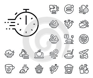 Cooking timer line icon. Frying stopwatch sign. Food preparation. Crepe, sweet popcorn and salad. Vector