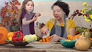 Cooking together for a festive Thanksgiving dinner. Female farmer mother and little girl baking pumpkin pie for harvest