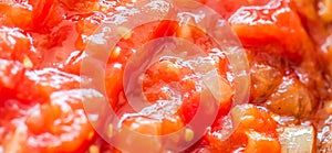 Cooking tomato sauce, closeup steamed vegetables for cook book or food blog background