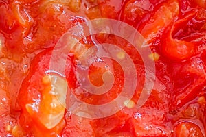 Cooking tomato sauce, closeup steamed vegetables for cook book or food blog background