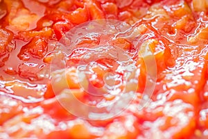 Cooking tomato sauce, closeup steamed vegetables for cook book or food blog background
