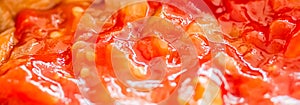 Cooking tomato sauce, closeup steamed vegetables for cook book or food blog background