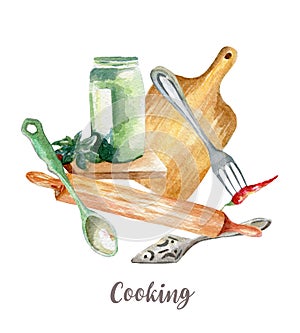 Cooking tools set illustration. Hand drawn watercolor on white background.