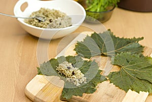 Cooking Turkish food stuffed grape leaves