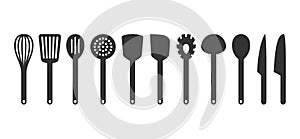 Cooking utensil set of tools. Kitchen tools black isolated vector icons. photo