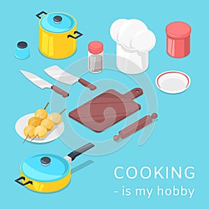 Cooking utensils and food background vector illustration. Pots, pans, vegetables, baking utensils with cutlery and