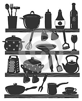 Cooking utensils on kitchen shelves