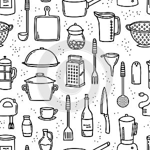 Cooking utensils and kitchen tools seamless doodle background on white.