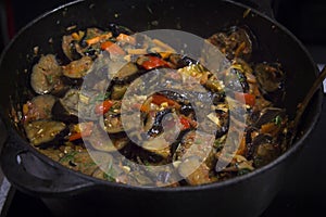 Cooking vegetable stew with eggplant