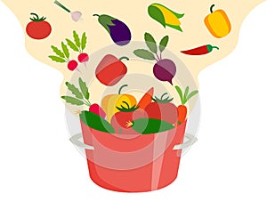 Cooking vegetables in saucepan vector illustration. Fresh vegetables tomato, cucumber, paprika, chilli, radish, eggplant