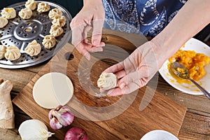 Cooking vegetarian meal. Woman hands making traditional Asian steamed dumplings with pumpkin, onion and ginger