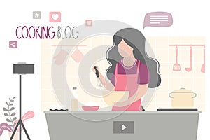 Cooking video blog, food blogger tells how to cook a dish. Woman chef teaches cooking a new recipe