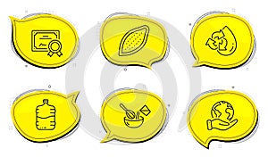 Cooking whisk, Recycle water and Cooler bottle icons set. Cocoa nut sign. Cutlery, Refill aqua, Water drink. Vector